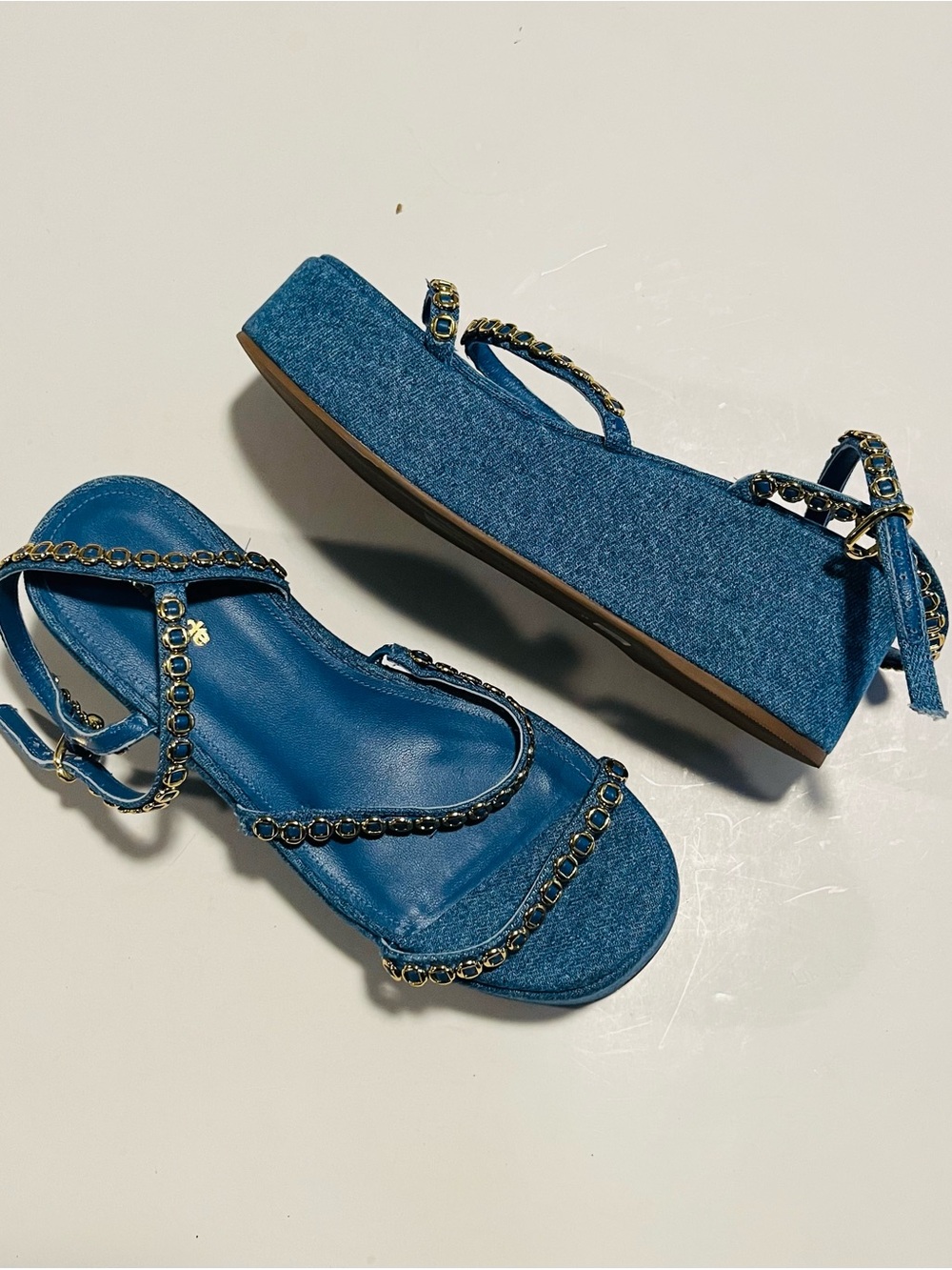 Larroude Women’s Classic Blue Demin Gio Milanina Platform Sandals Size 7.5
